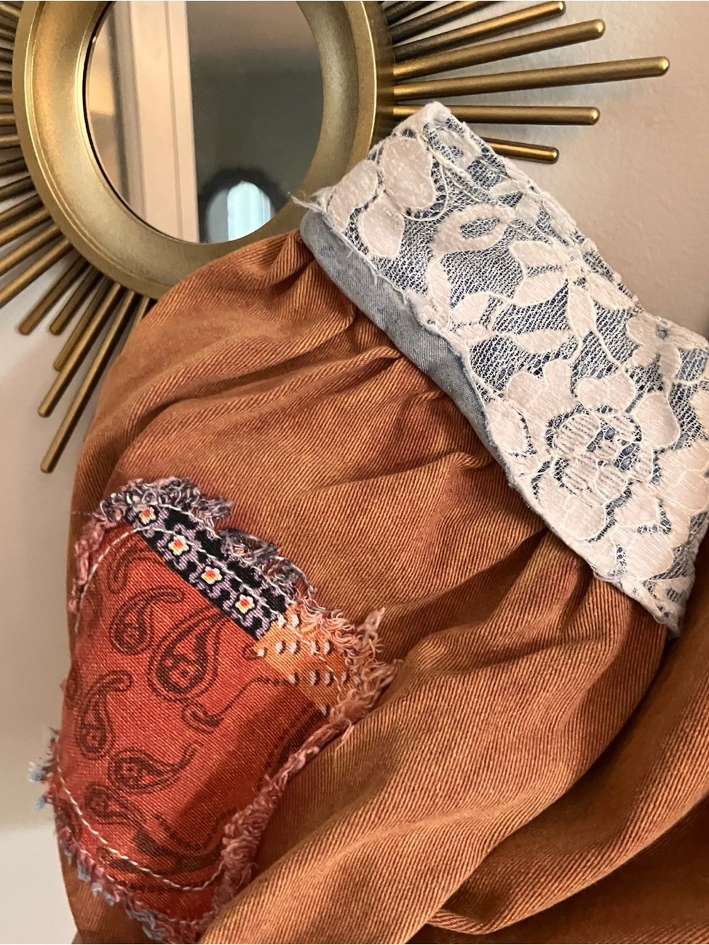 POL Boho Patchwork Shacket in Rust, Cream with Lace/ embroidered details - Picture 7 of 8